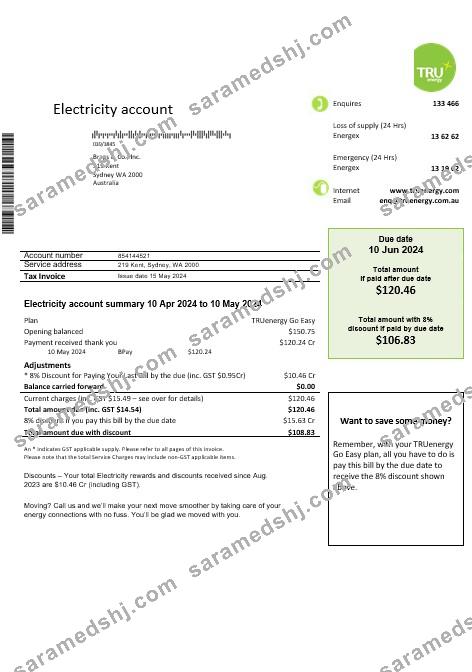 Australia Tru Energy electricity business utility bill template in Word and PDF format